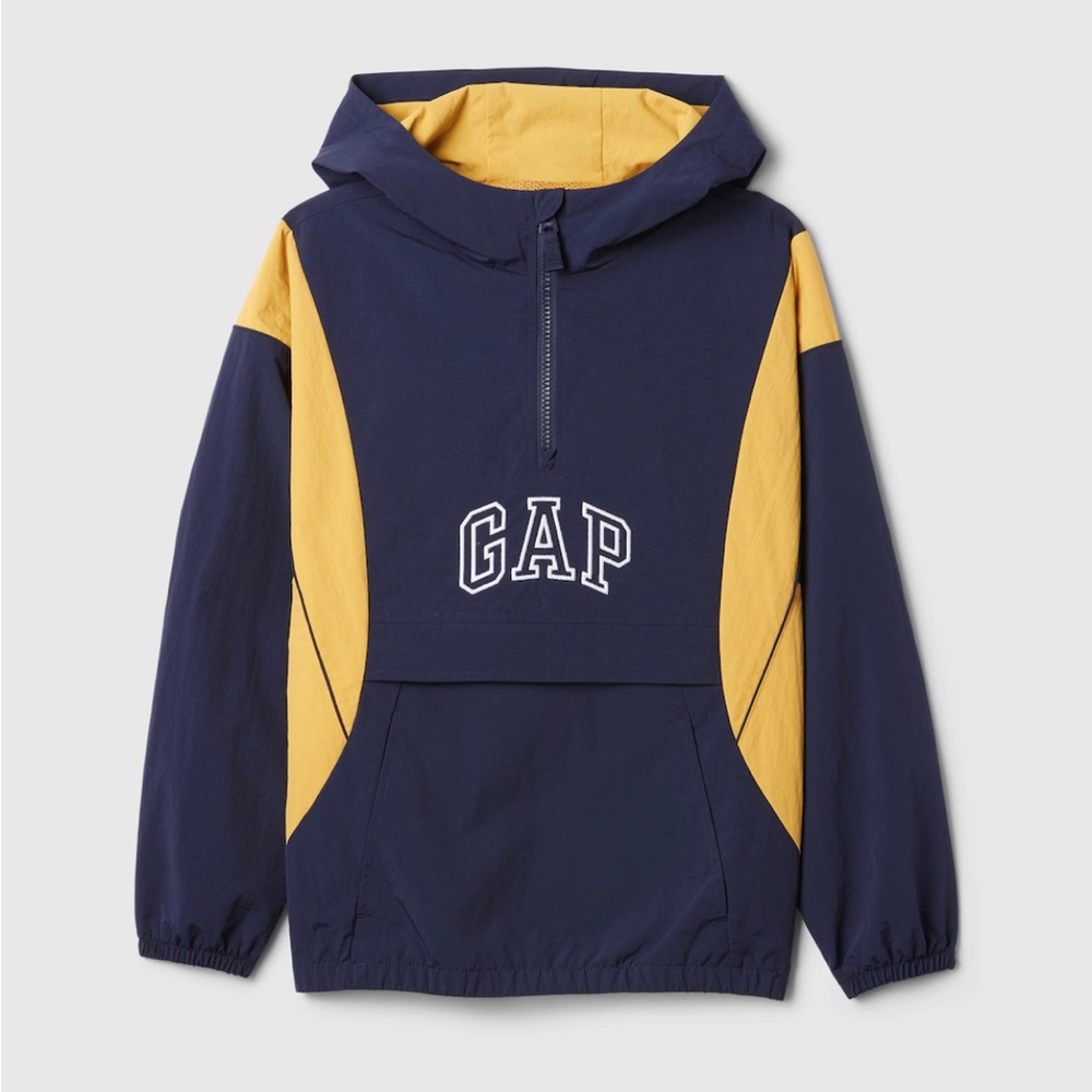 NWT GAP Logo Anorak Nylon Hooded Jacket Sz SMALL 6-7 navy/mustard 3/4 zip